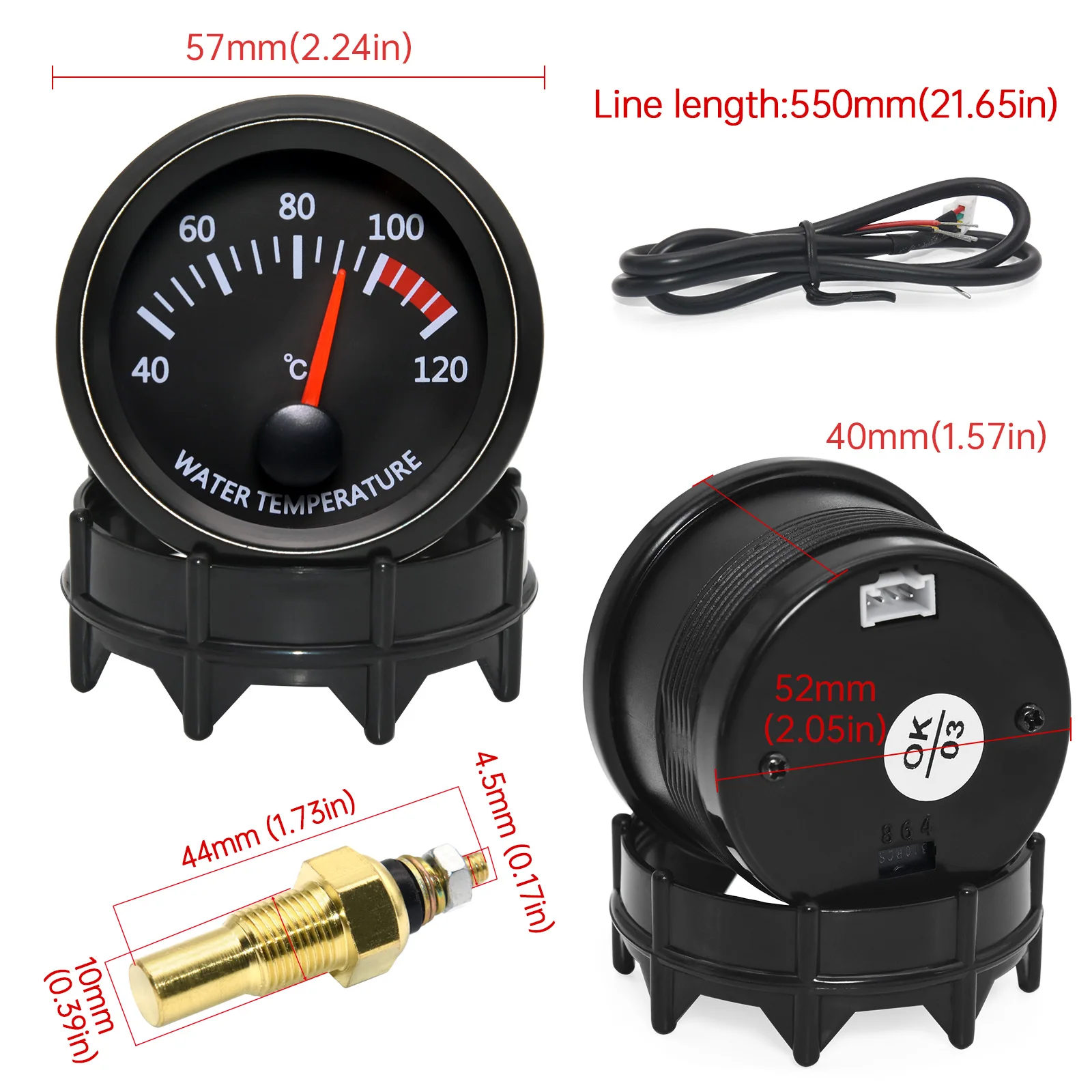 12v 52mm 자동차 수온 게이지 40 ~ 120 ℃ 수온 센서 포함, 10mm 수온 조인트 파이프 1/8NPT 센서 어댑터 자동차 경주