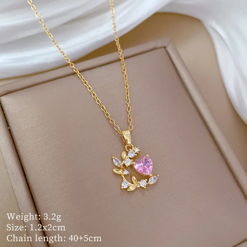 Stainless Steel Chain Pink Zircon Love Heart Leaf Pendant Necklace for Women Girls Romantic Sweet Jewelry Accessories Gifts