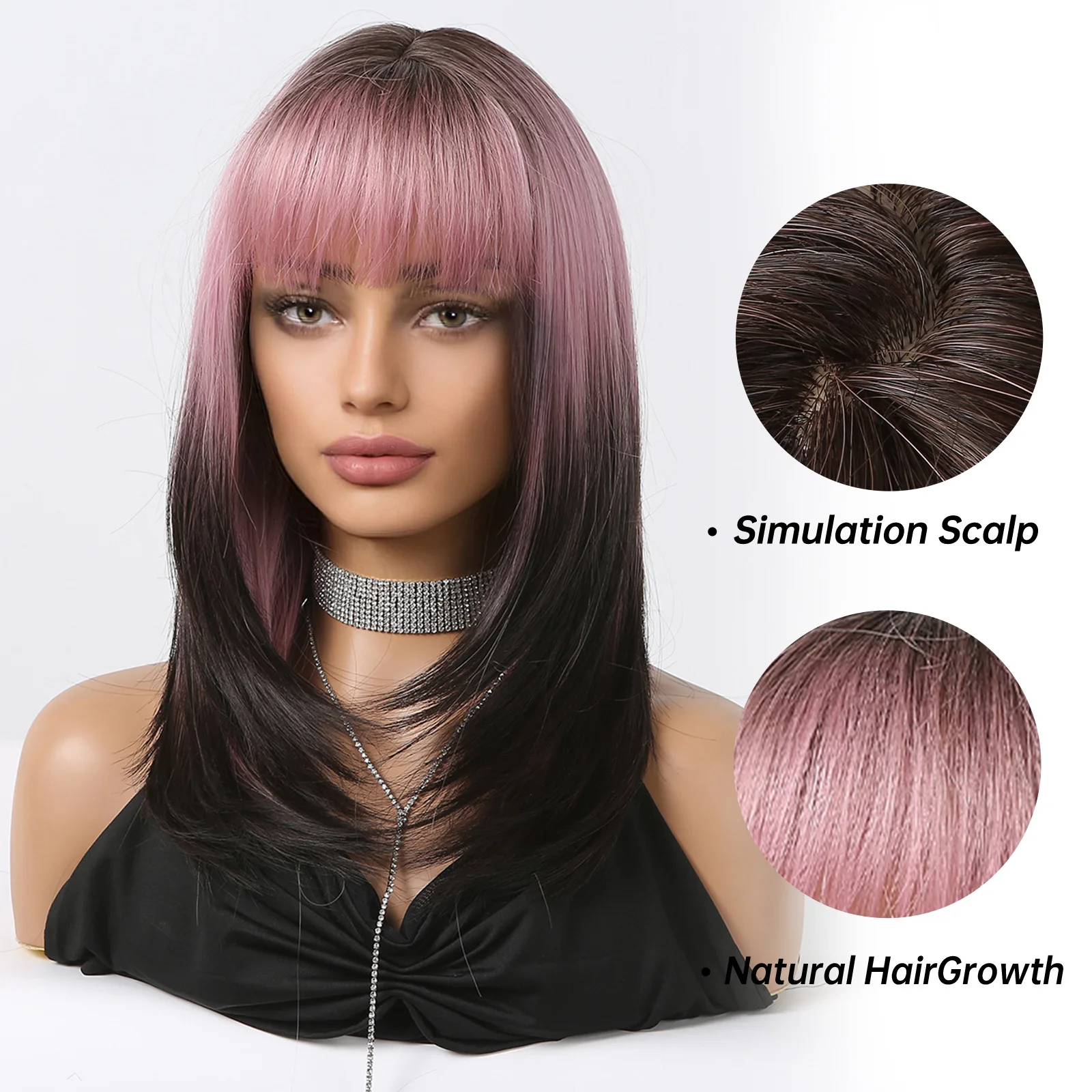 LOUIS FERRE Black Pink Ombre Synthetic Wigs Long Straight Layered Wigs with Bangs for Black Women Afro Heat Resistant Fake Hair