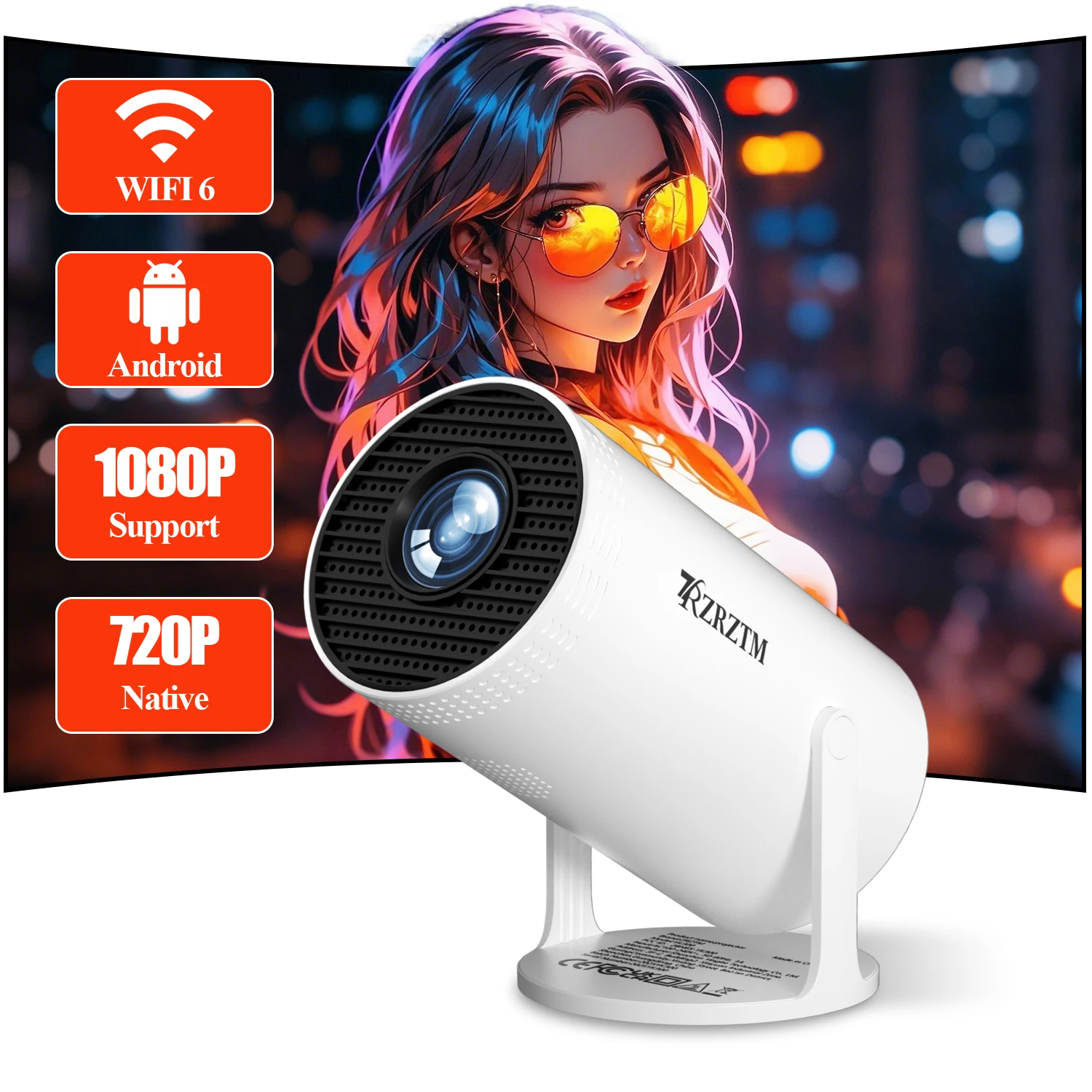 4K projector, HD projector, equipped with WiFi/Android system/wireless, 180 degree rotation, compatible with multiple devices