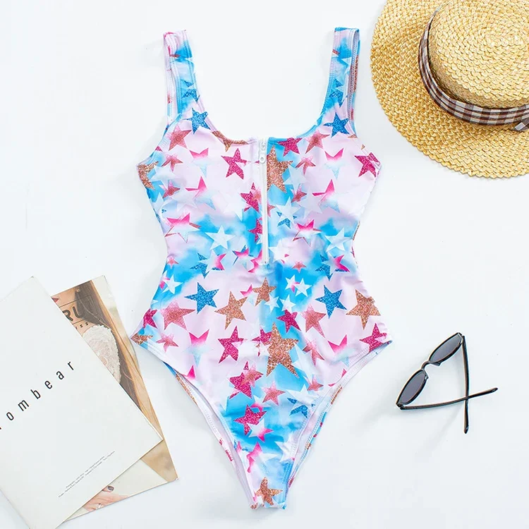 2025 traje de baño estampado con cremallera, traje de baño Sexy de una pieza para mujer, bañadores florales, traje de baño para nadar, ropa de playa femenina