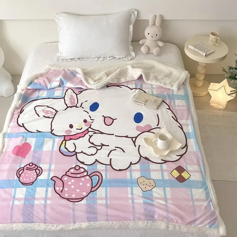 

Kawaii Kuromi Cinnamoroll Lamb Plush Warm Blanket Anime Cute Cartoon Girls Shawl Cover Blanket Car Milk Velvet Gift for Children