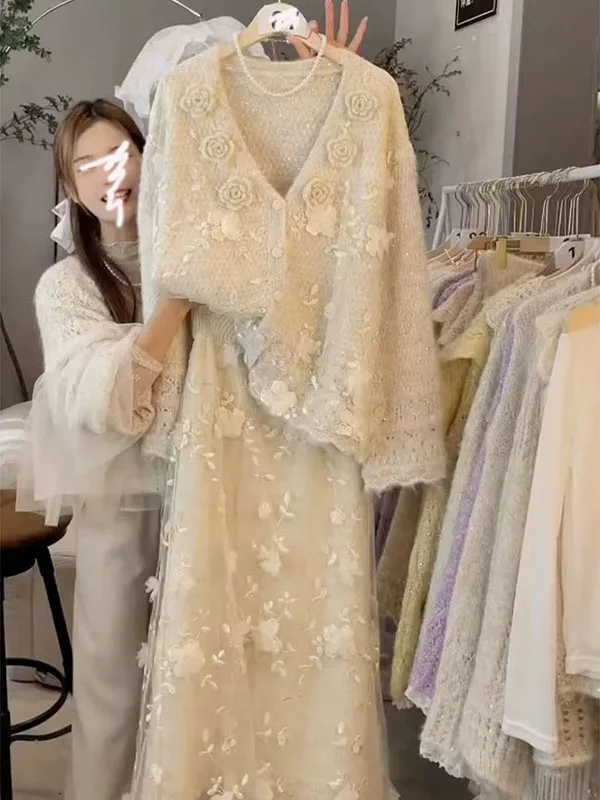 Lace Splicing Design Loose Knitted Sweater Jacket Women's Fashion Half Skirt Two-Piece Set Commute Style Polyester Fiber