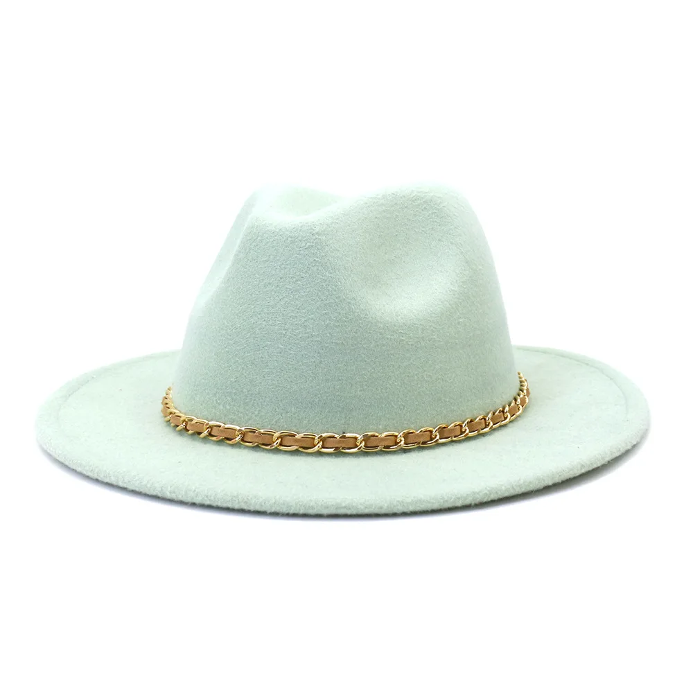 Solid color fedora hat metal chain women\'s wide brim jazz hat autumn and winter British vintage Panama hat wholesale