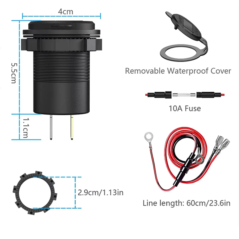 USB C Car Charger Socket 12V/24V Dual USB Socket PD3.0 and QC3.0 Car USB Port With LED Voltmeter and On/Off Switch