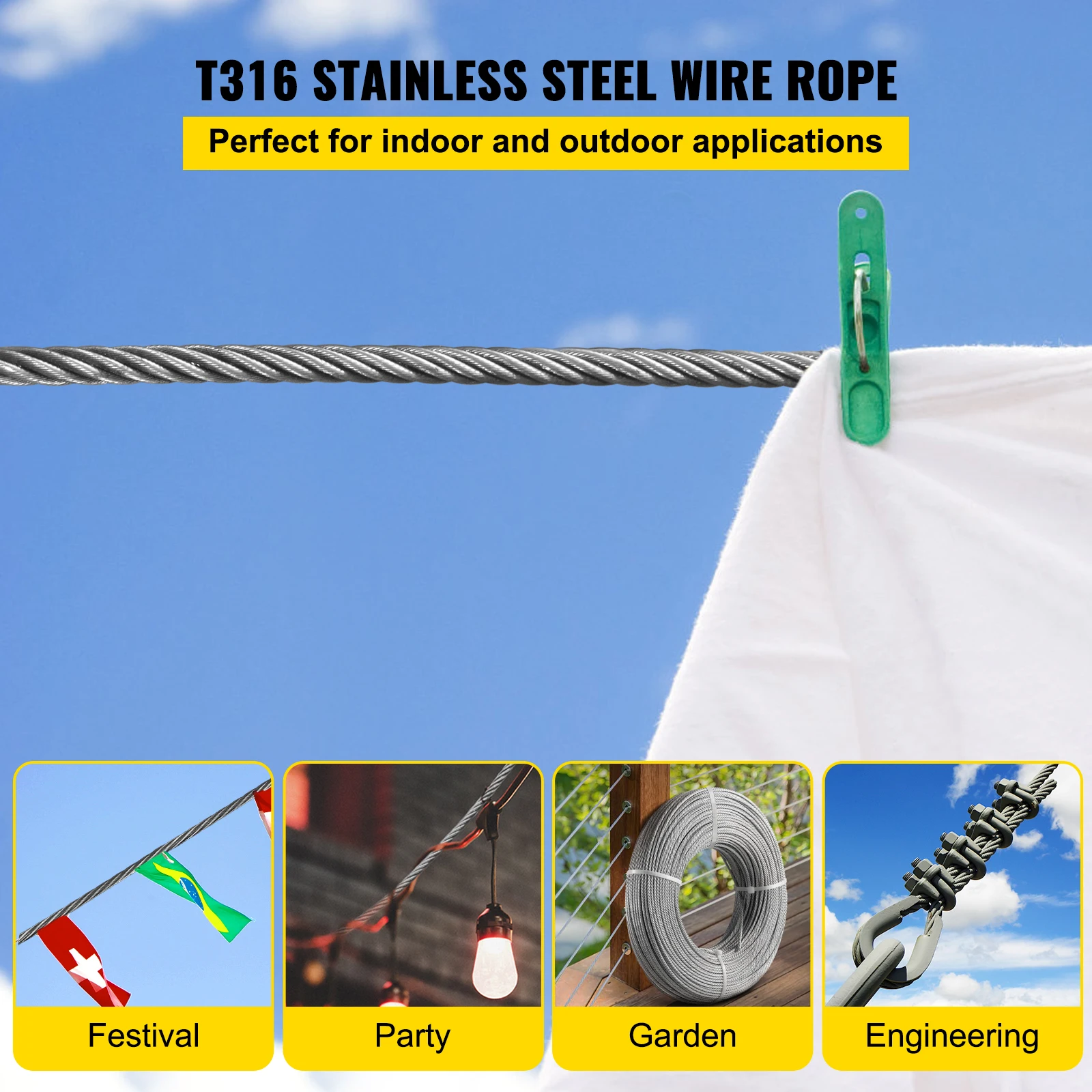 VEVOR Wire Rope 316 Stainless Steel Fishing Lifting Cable 100FT Anti-Corrosion Fastness Fishery 1/8 in./3.2mm Diameter