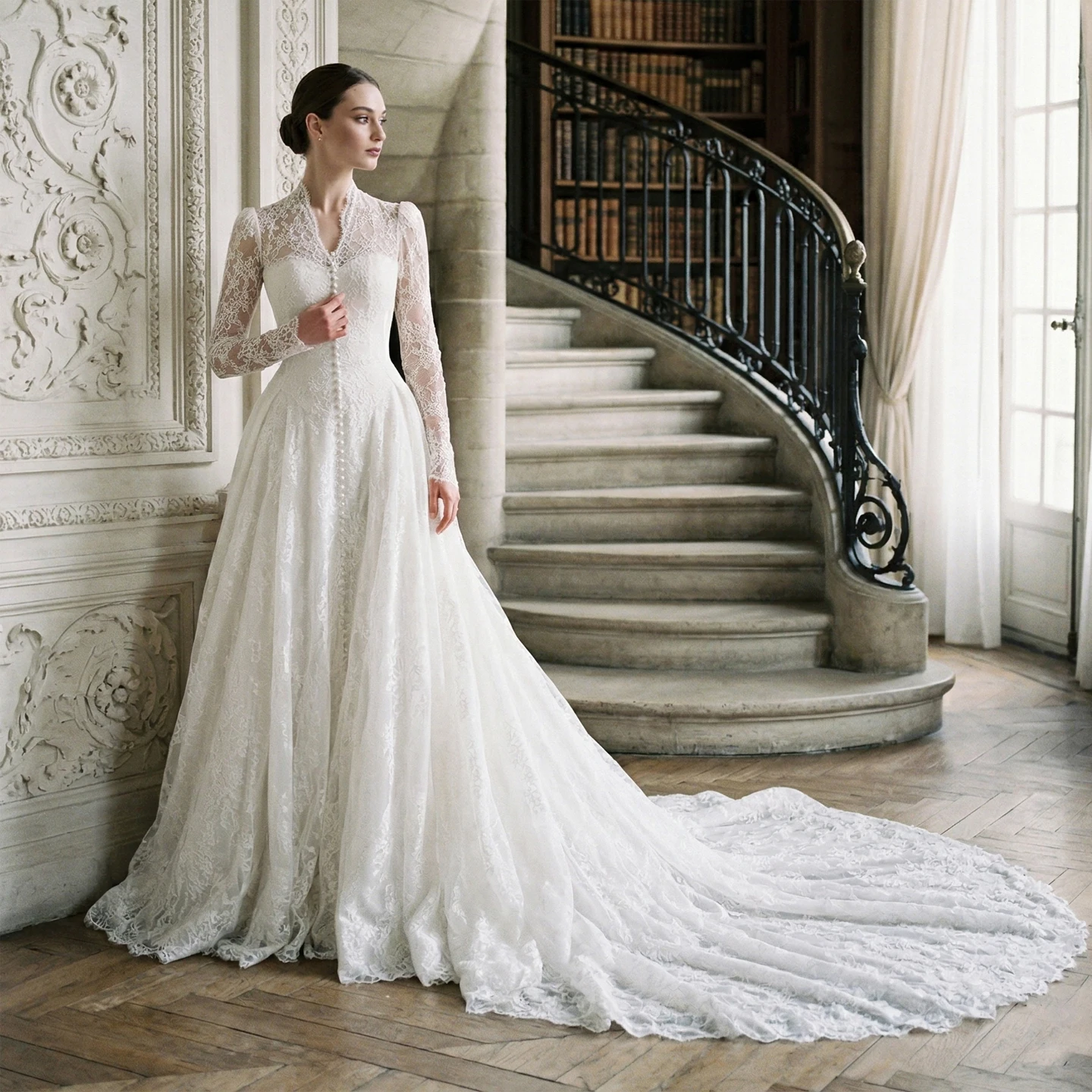 

Sharon Said Luxury Vintage Lace Wedding Dress 2026 Long Sleeves A-Line Elegant V-Neck Court Train Bridal Gowns SW272 Customized