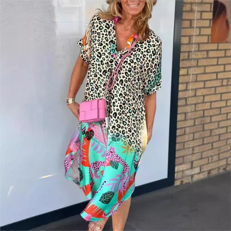 Summer New Fashionable Semi Open Neck Leopard Print Loose Dress Elegant Women's Short Sleeved V-neck Loose Asymmetric Dresses