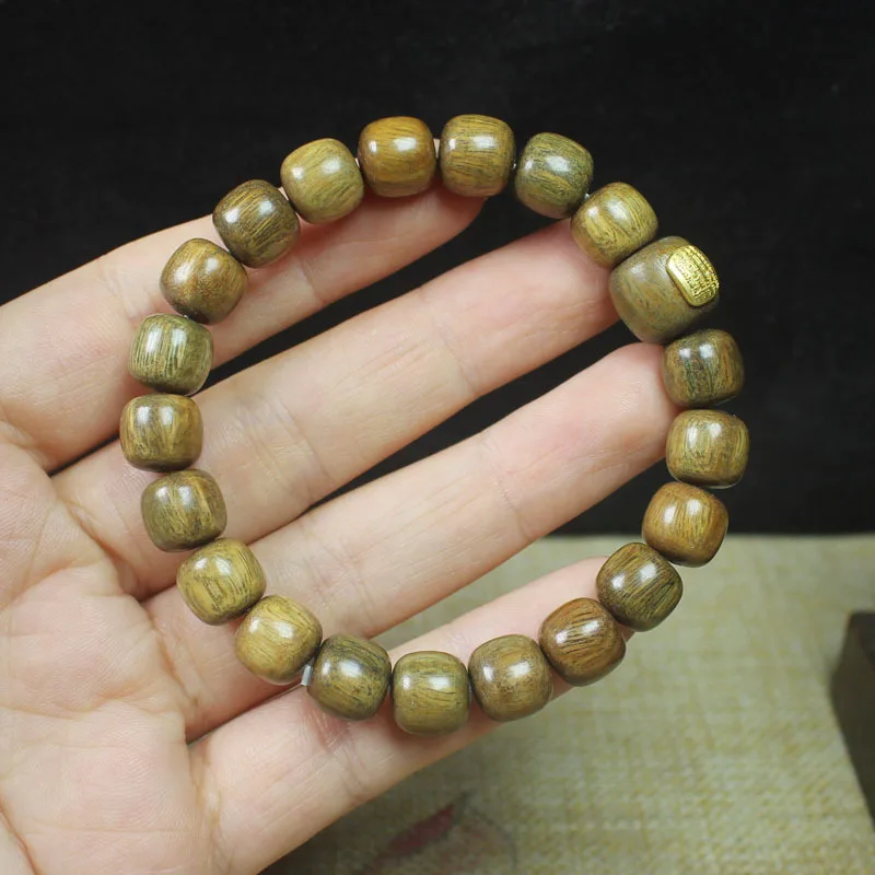 9mm Green Sandalwood Barrel Bead Bracelet Five Sutra Style Buddhist Prayer Beads for Men and Women Gifts