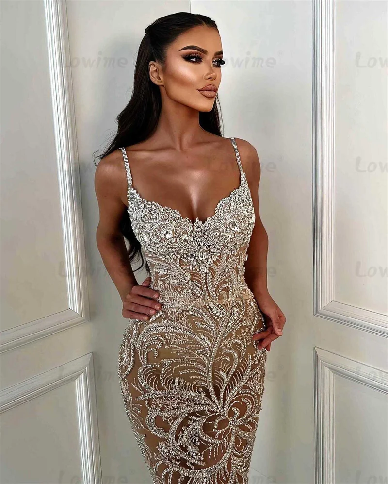 Crystals Dark Champagne Party Dresses Customize Spaghetti Straps Mermaid Aso Ebi Sequined Birthday Engagement Evening Dress Robe