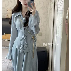 Summer Women Elegance Solid Color Ruffled Edge Blue Two Piece Set Fashion Comfortable Warm Color Lapel Collar Long Sleeve Dress