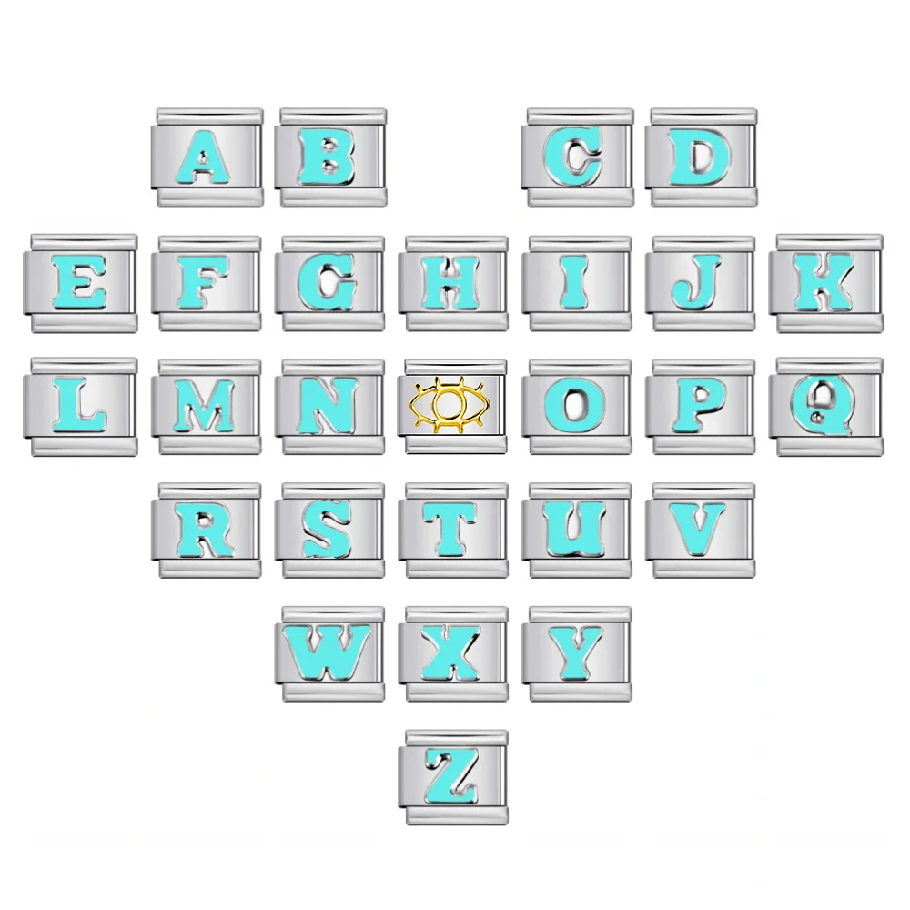 جيموسا أزرق سماوي 26 حروف إنجليزية A-Z إيطالية وصلات ساحرة تناسب خرز مجوهرات من الفولاذ المقاوم للصدأ مقاس 9 مم لصنع أساور يدوية #2