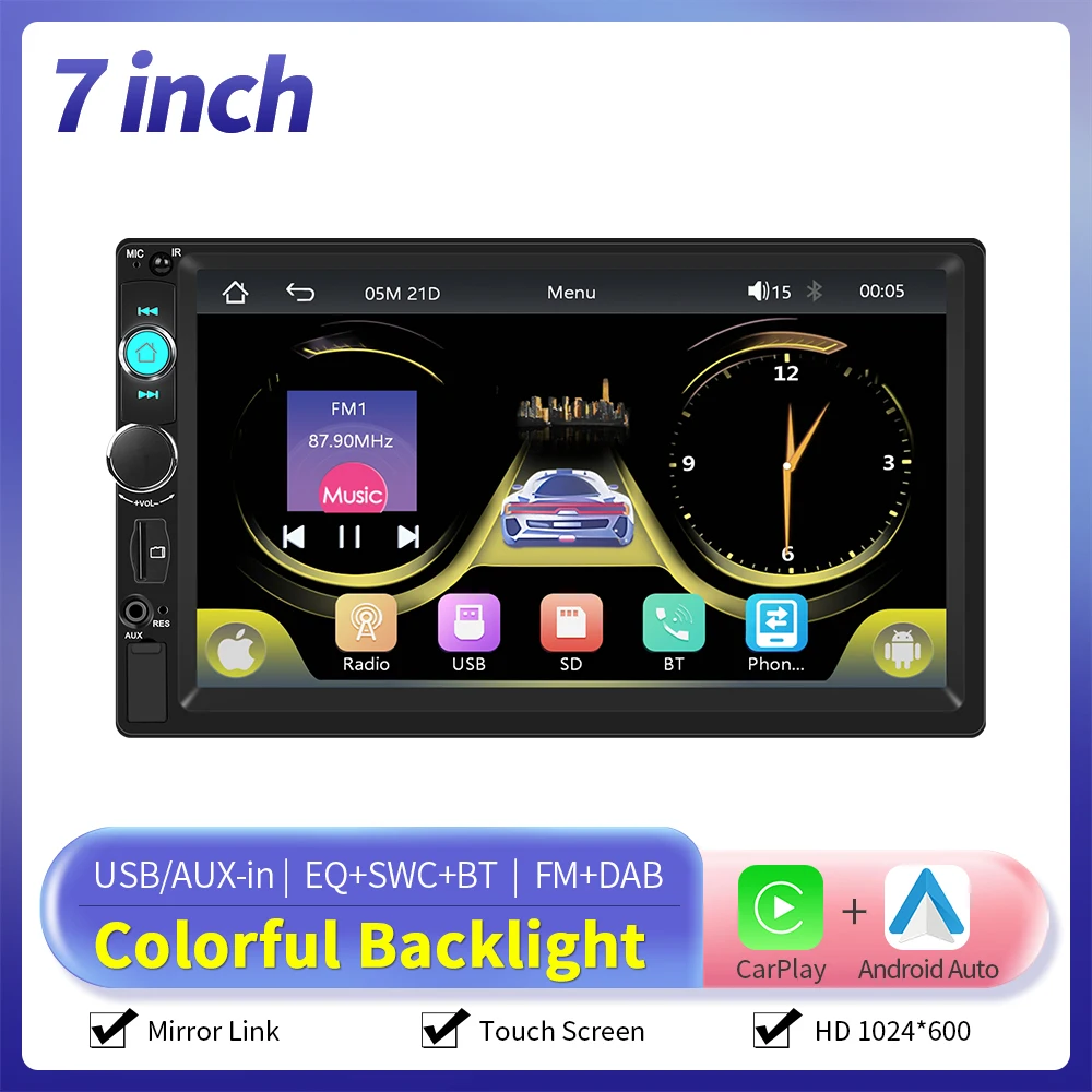 Camecho 2 Din Autoradio 7 "HD Scherm Autoradio Multimedia Universele Autoradio MP5 Speler Draadloze CarPlay Android Auto FM DAB