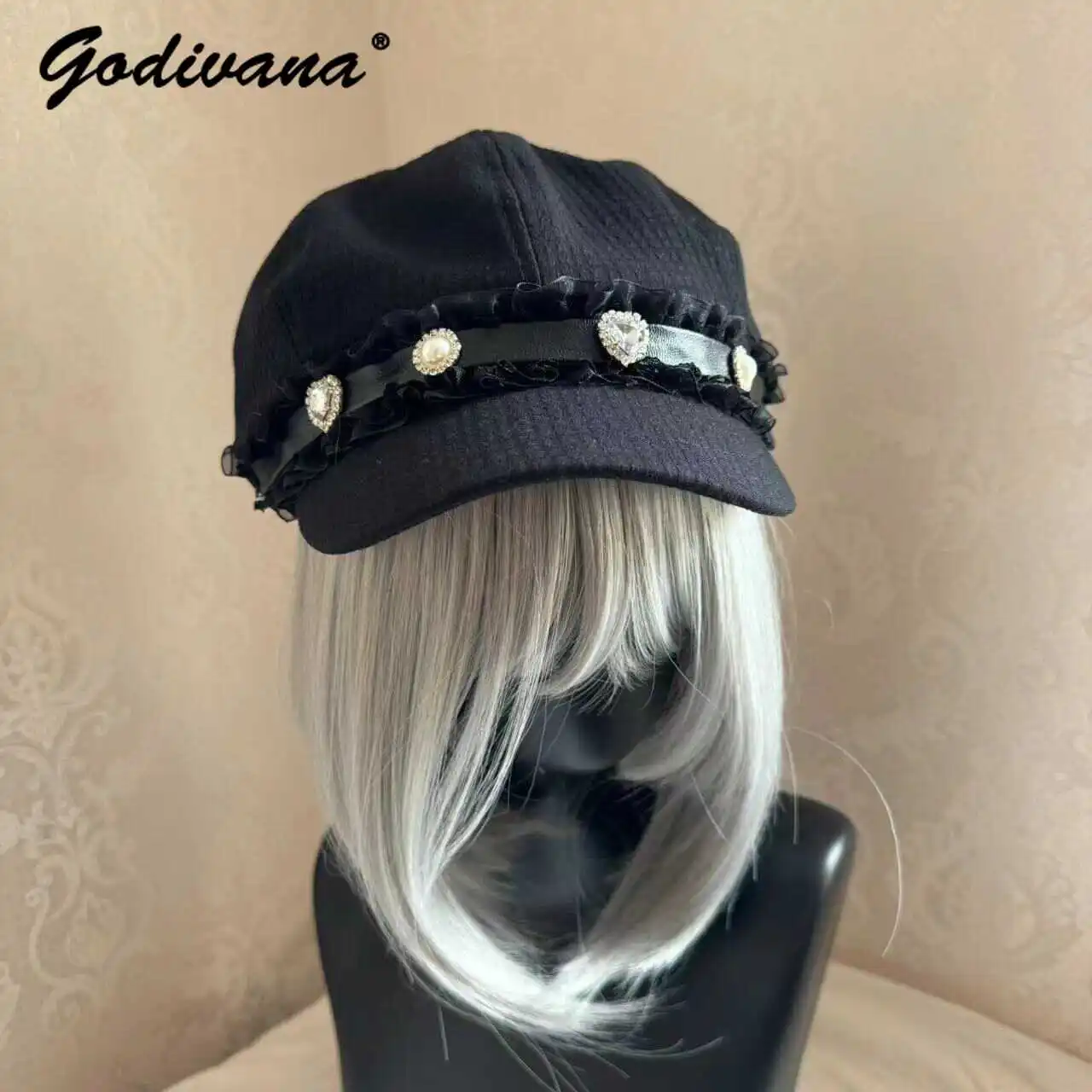 Japanese Mine Octagonal Hat Cute Girl Sweet Cool Lace Rhinestone Love Bowknot Painter Hat Female Black and White Lolita Caps