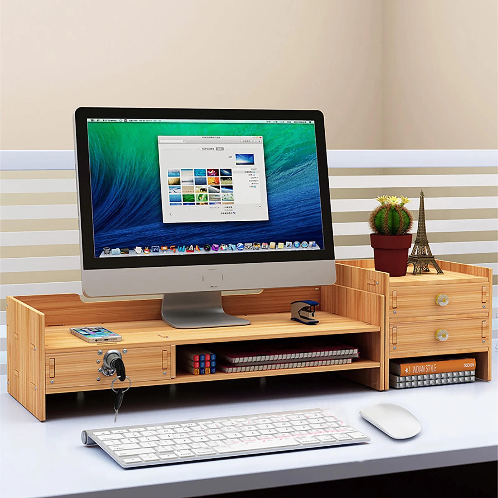 Wooden Desk Organizer W/ Drawer File Storage Desk Monitor Riser Computer Stand