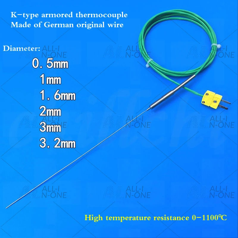 Armoured K type thermocouple diameter 0.5mm probe 3mm temperature resistance 1000 degree furnace temperature detection