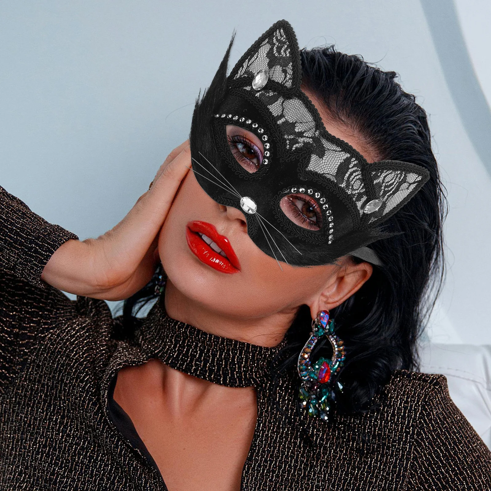 Elegante máscara de gato de renda preta para homens mulheres masquerade traje festa de halloween máscara facial festival acessório máscaras de gato para adultos