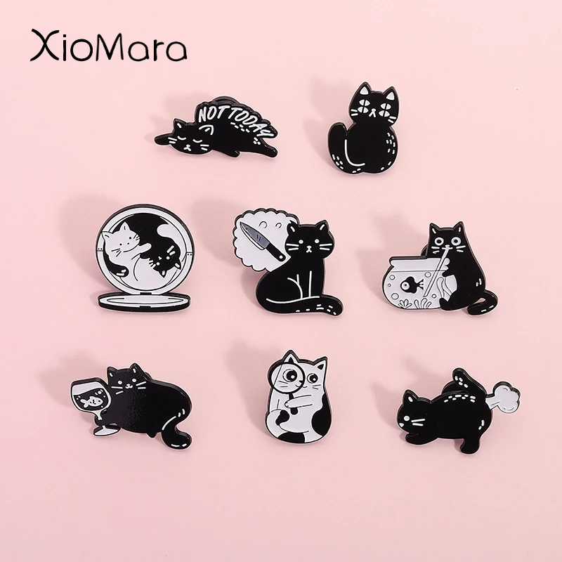 

Not Today Cartoon Black Funny Cat Enamel Pins Magnifier Explore Laziness Kitten Brooch Lapel Badge Jewelry Gifts For Kid Friend