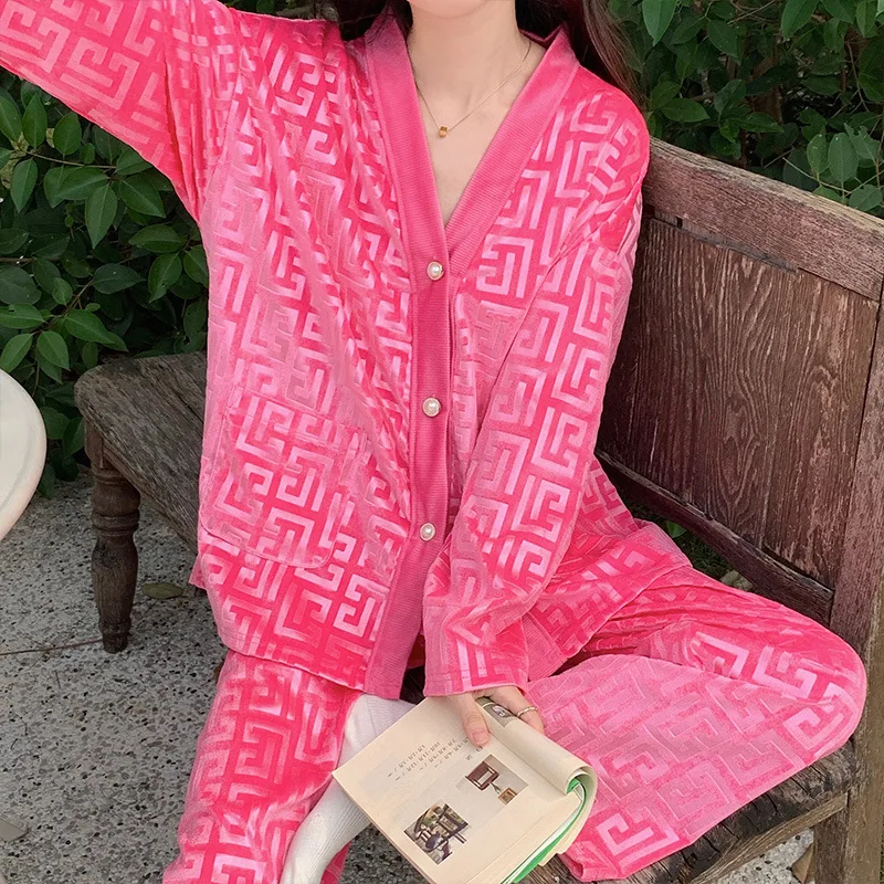 Pink Pyjamas 2Pcs Loungewear Women Velour Warm Sleepwear Casual Home Clothes Sexy Jacquard Shirt&pants Nightwear Pijama Mujer