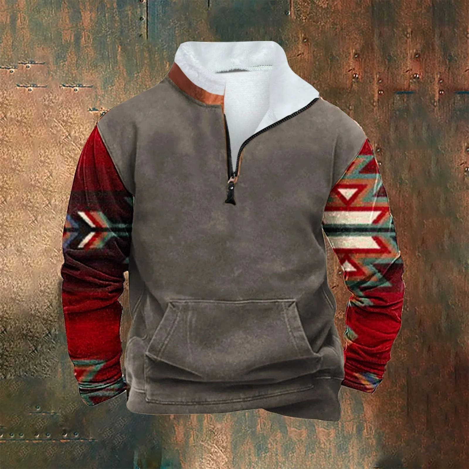 

New style European-American men's winter 3D arm print casual sports half-zip jacket