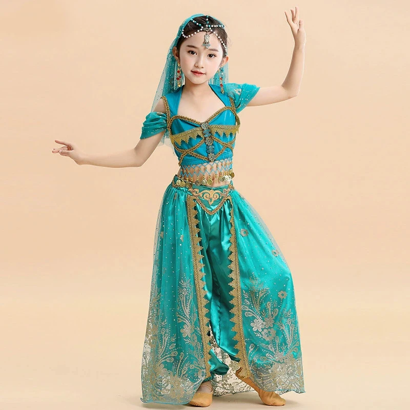 

Children's Halloween Jasmine Princess Costume Belly Dance Top Bottoms Headscarf Set for Party Girl Halloween Costume