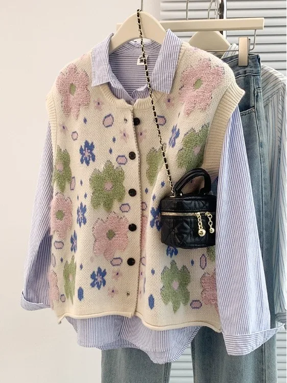 

Fre Autumn Winter Women's Faionable round Ne Vest Knitted Flower Patterned Thiened Chinese Brand Sle Versatile Tank...