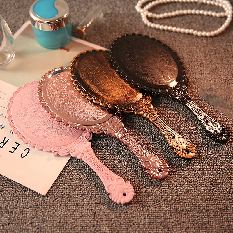 Espejo Vintage de plata de piezas para mujer, maquillaje redondo ovalado, espejo de mano, maquillaje de princesa, regalo de tocador de belleza