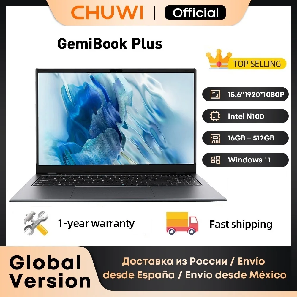 CHUWI GemiBook Plus 노트북, 15.6 인치 인텔 N100 그래픽, 12 세대 1920x1080P, 16GB RAM, 512GB SSD, 냉각 선풍기, 윈도우 11