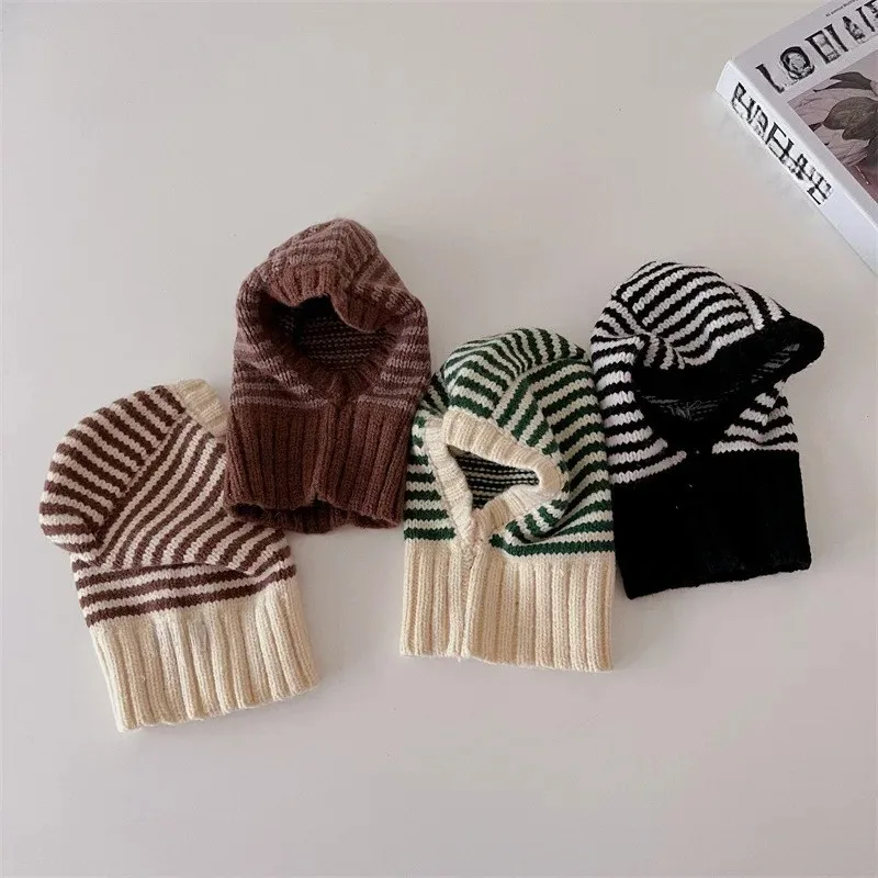 Homefish Zimowa Koreańska Moda Dziecięca Dzianinowa Czapka z Kapturem Szalik Ciepła Pasiasta Jednoczęściowa Czapka Akcesoria dla Dzieci