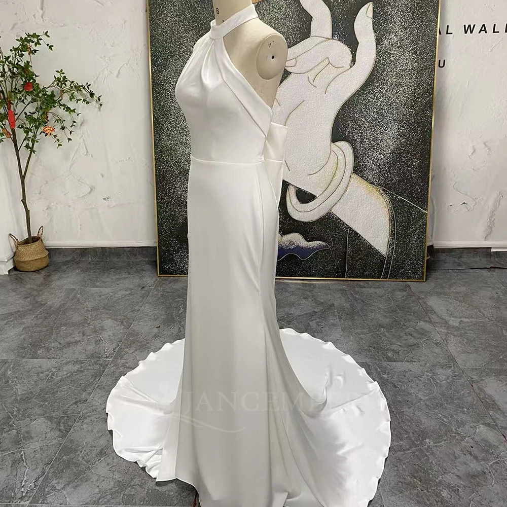 Bohemian Satin Wedding Dress Sleeveless Halter Customized Beach Boho A Line Bridal Gowns Backless Vestido De Novia