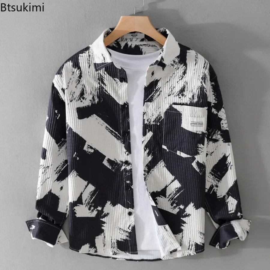 جديد ربيع الخريف الرجال عالية الجودة قمصان طويلة الأكمام موضة التلبيب فضفاض قميص غير رسمي معاطف طباعة مخطط الذكور سترة القمم