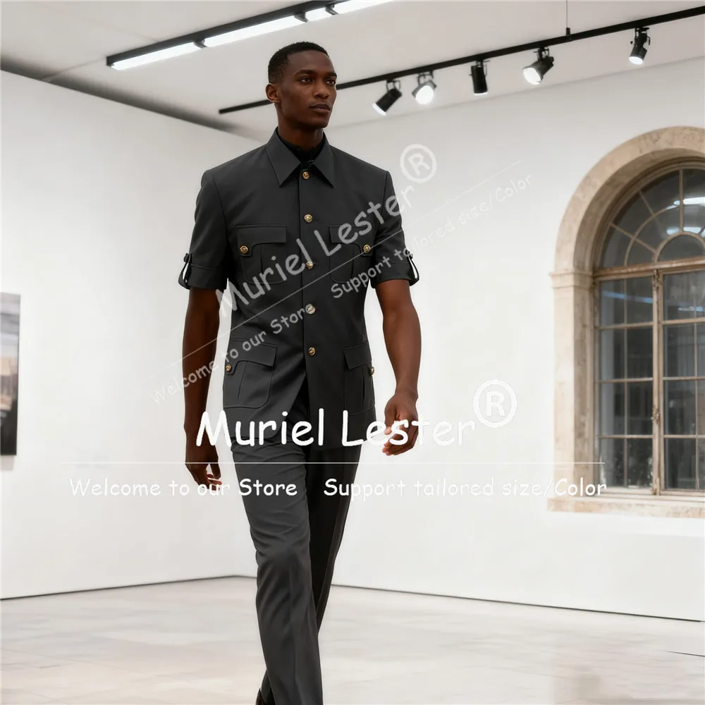 

Navy Suit Attire For Men Safari Style Jacket Pants Men Stand Collar Groom Wedding Slim Fit Suit Party Tuxedos Costume Homme 2pc