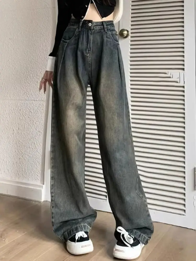 Spring Chicly Washed Vintage Straight Female High Waisted Jeans New Basic Simple Casual Classic Zipper Button Baggy Jeans Women