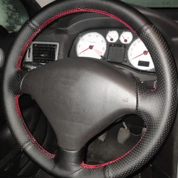 Black-red Perforated Leather Cover For Peugeot 307 2001-2008 307 SW 2005-2008 DIY Hand Sewing Leather Steering Wheel Cover Trim