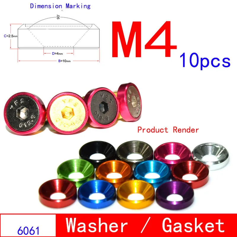 M4 Aluminium Alloy Conical Washers, Color Anodized Spacer Gaskets for DIN7991 Countersunk Screws, RC Model & Vehicle Modificatio