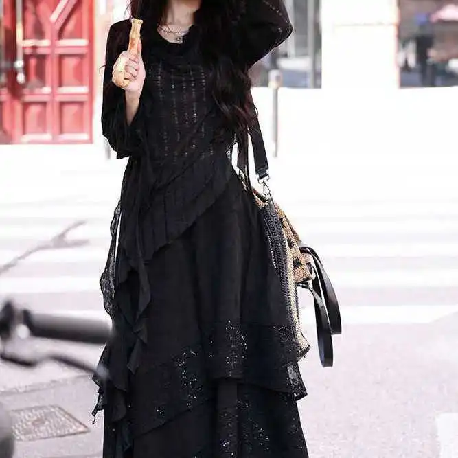 

Dress suit 2025 spring and summer new style slightly transparent slim sweater streamers slim temperament lace irregular skirt