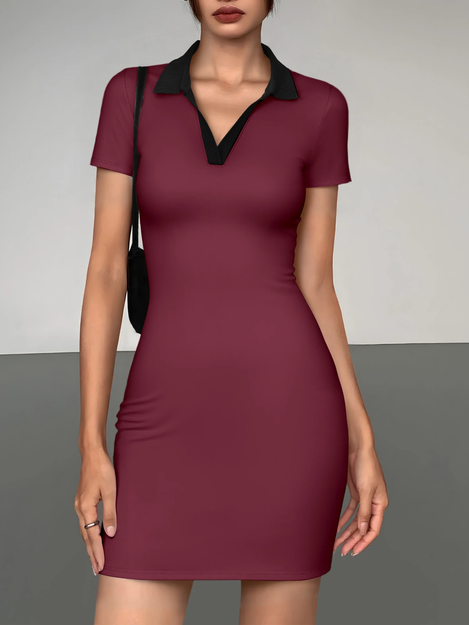 Damen-Kleid mit Polokragen, figurbetont, kurzärmelig, V-Ausschnitt, Kontrastbesatz, schmale Passform, lässiges Midikleid für Arbeit und Alltag