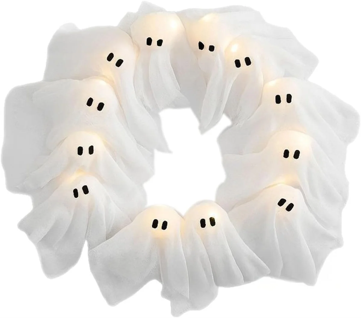 

​LED Light Up Halloween Ghost Wreath Spooky Glowing Garland for Front Door Wall Decor Battery Powered Indoor Outdoor Holiday