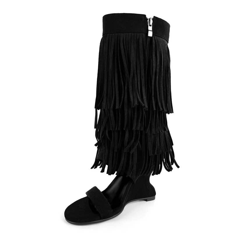 Onlymaker Black Fringe Knee High Sandal Boots Side Zipper Single Strap Open Toe Unique Wedge Heel Faux Suede Boots Sandals