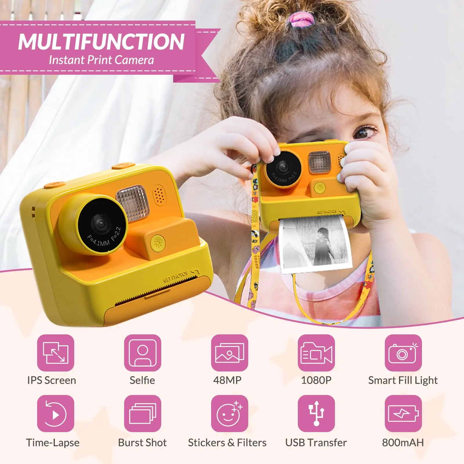 

K27 Kids Instant Print Camera 48MP Dual Lens Front Rear Selfie 1080P with 32GB TF Card Toy Girls Boys Christmas Birthday Gifts
