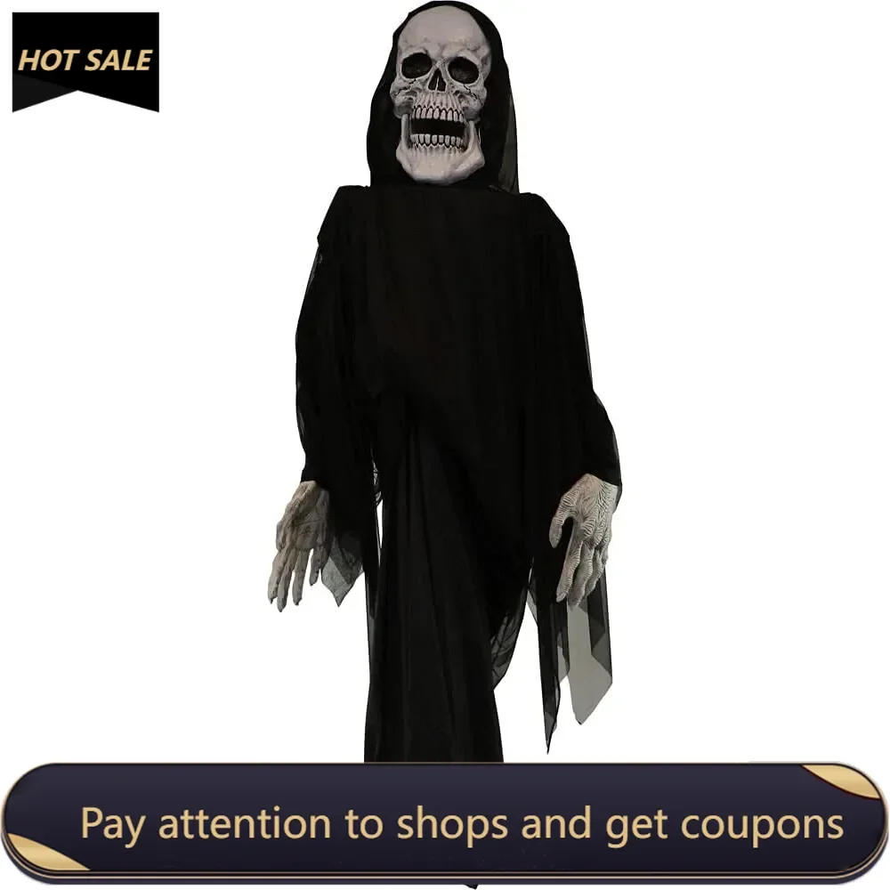 12 ft. Giant Talking Halloween Reaper, Dressed in Black Cloak & Hood with 4 Voice Greetings，Touch Activated and Battery-Operated