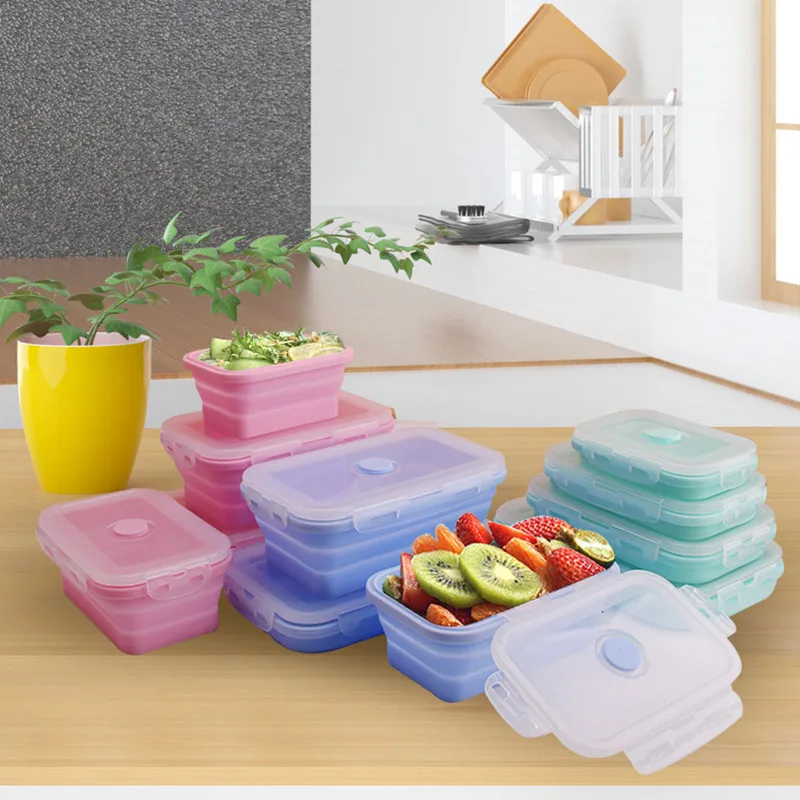 350-1200ml Silicone Collapsible Lunch Box Food Storage Container Microwavable Portable Bowl Picnic Camping Rectangle Outdoor Box