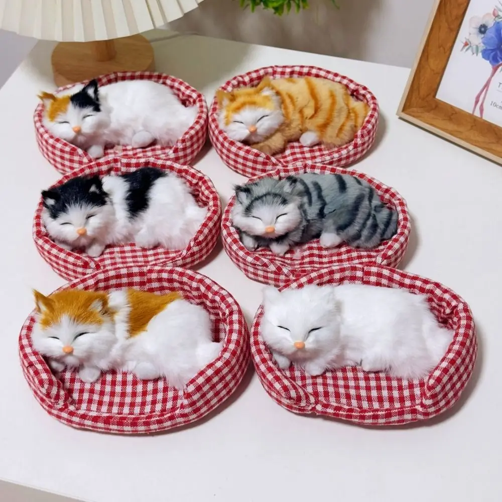 Premium Kawaii Kitty Simulation Fur Cat Model Lifelike Exquisite Cute Animal on Cushion Soft Sleeping Cats Gifts