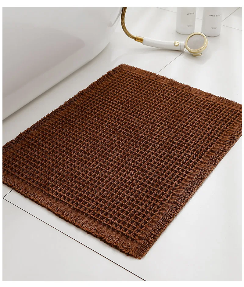 1 Stück Waffel-Antirutsch-Badematte mit Quasten, besonders saugfähig, maschinenwaschbar, für Badezimmer, Flur, Schlafzimmer, Waschküche, braun – Detail 13