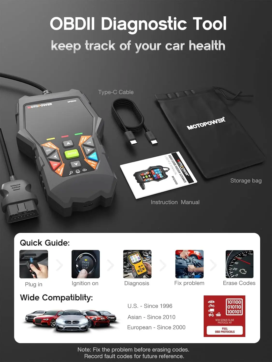 MP69040 Car OBD2 Scanner Check Engine Fault Code Reader Diagnostic Scan Tool, Black