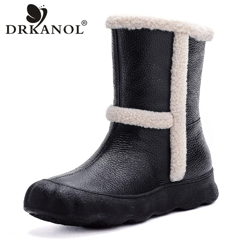 

DRKANOL 2026 Women Snow Boots Winter Flat Platform Soft Slip On Retro Style Genuine Cow Leather Mid Calf Warm Cotton Boots Black