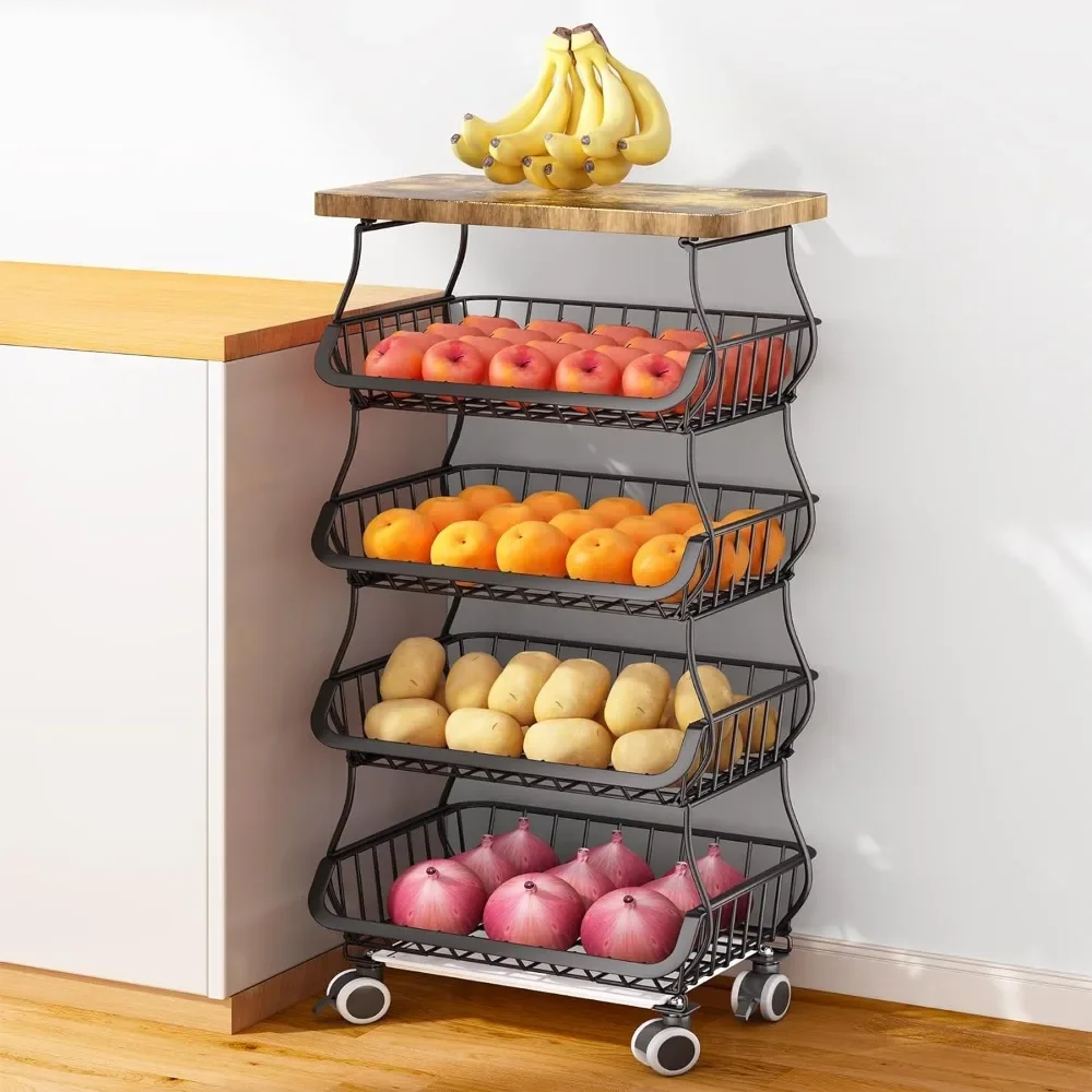 

Fruit Basket Kitchen Pantry Organizers and Storage - Wooden Top Table, Stackable Metal Wire Basket Stand Cart for Fruit