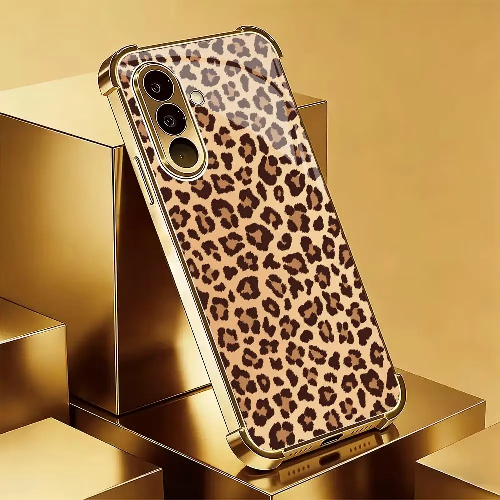 Golden leopard print four corner anti drop glass phone case suitable for Samsung Galaxy S26 S25 S24 S22 S21 S20 FE/Ultra/Plus