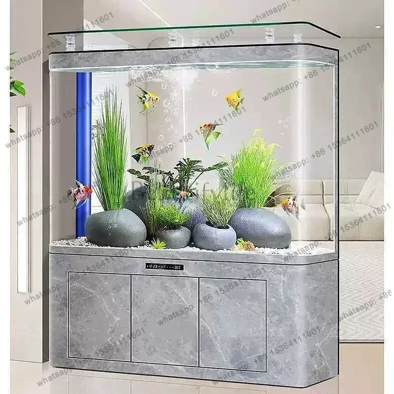 LSEW Large Aquarium Tank Living Room Ecosystem Bottom Filter Curved Glass Floor Display No Water Change Fish Tank U