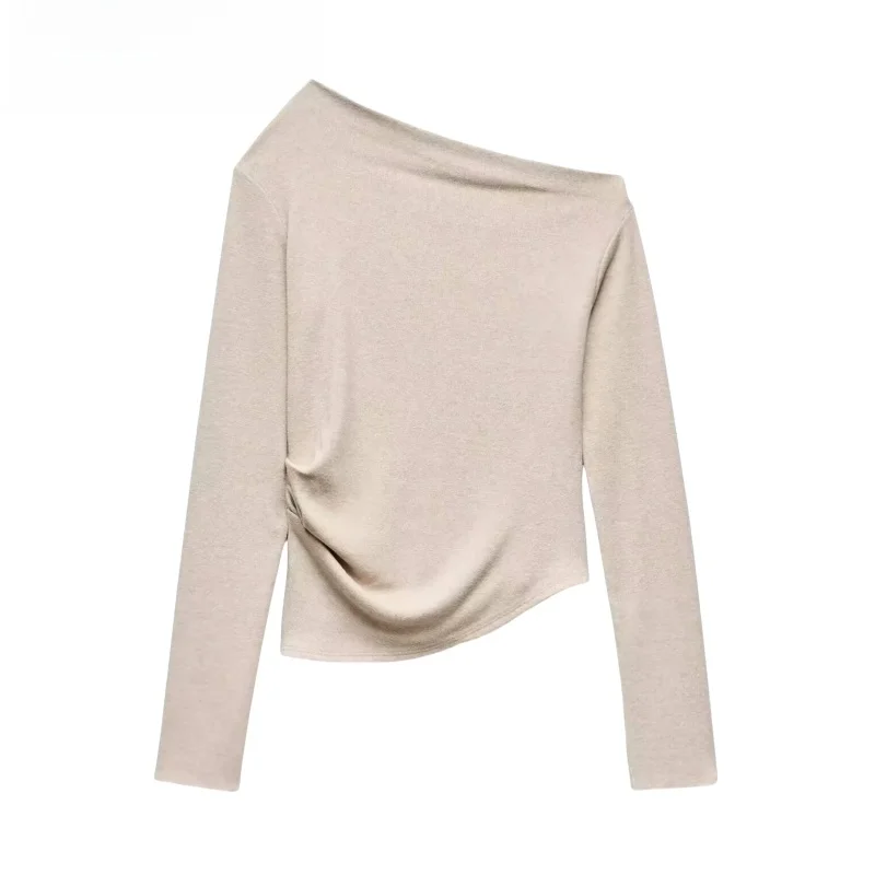 

Spring Long Sve T-irt Asymmetric Sexy Oblique Collar Base irt oulder Exposure Top Commute Sle Slim Fit Knitted Pur...
